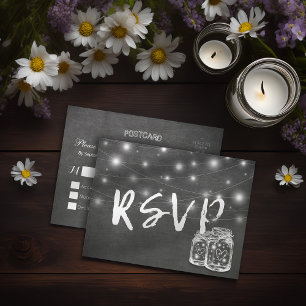 Mason Jar & String Lights Chalkboard Wedding RSVP Invitation Postcard