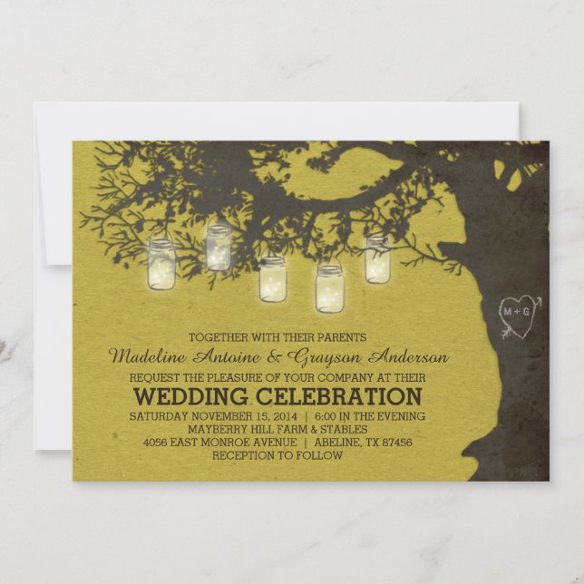 Mason Jar String Lights Chartreuse Tree Wedding Invitation (Front)