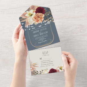 Mason Jar String Lights Dusty Blue Wedding All In One Invitation