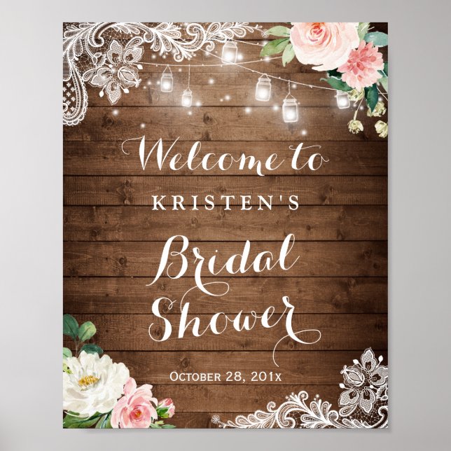 Mason Jar String Lights Floral Bridal Shower Sign (Front)