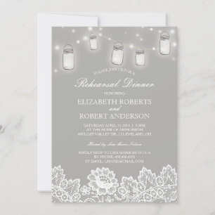 Mason Jar String Lights Lace Grey Rehearsal Dinner Invitation