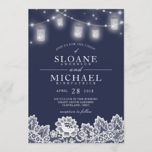 Mason Jar String Lights Lace Navy Blue Wedding Invitation