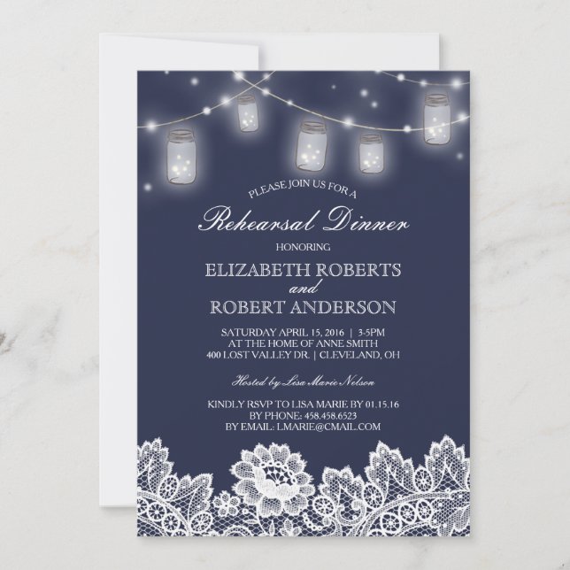 Mason Jar String Lights Lace Navy Rehearsal Dinner Invitation (Front)