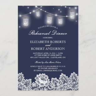 Mason Jar String Lights Lace Navy Rehearsal Dinner Invitation
