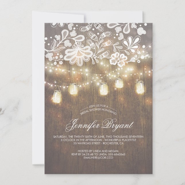 Mason Jar String Lights Lace Wood Bridal Shower Invitation (Front)