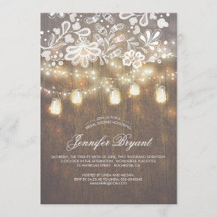 Mason Jar String Lights Lace Wood Bridal Shower Invitation