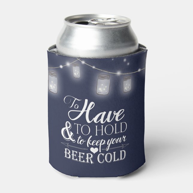 Mason Jar String Lights Navy Blue Wedding Beer Can Cooler (Can Front)