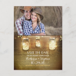 Mason Jar String Lights Rustic Photo Save the Date Announcement Postcard