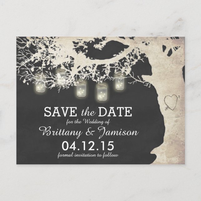 Mason Jar String Lights Rustic Tree Save the Date Announcement Postcard (Front)