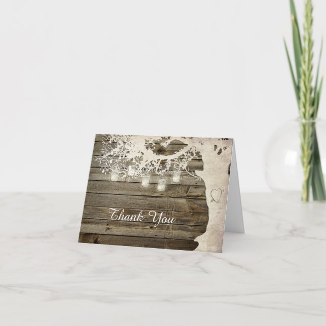 Mason Jar String Lights Rustic Tree Thank You Card (Front)