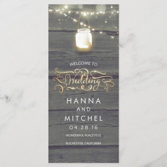 Mason Jar String Lights Rustic Wedding Programs Programme (Front)