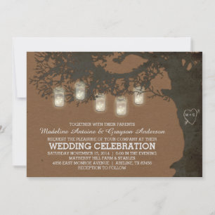 Mason Jar String Lights Tan Autumn Tree Wedding Invitation