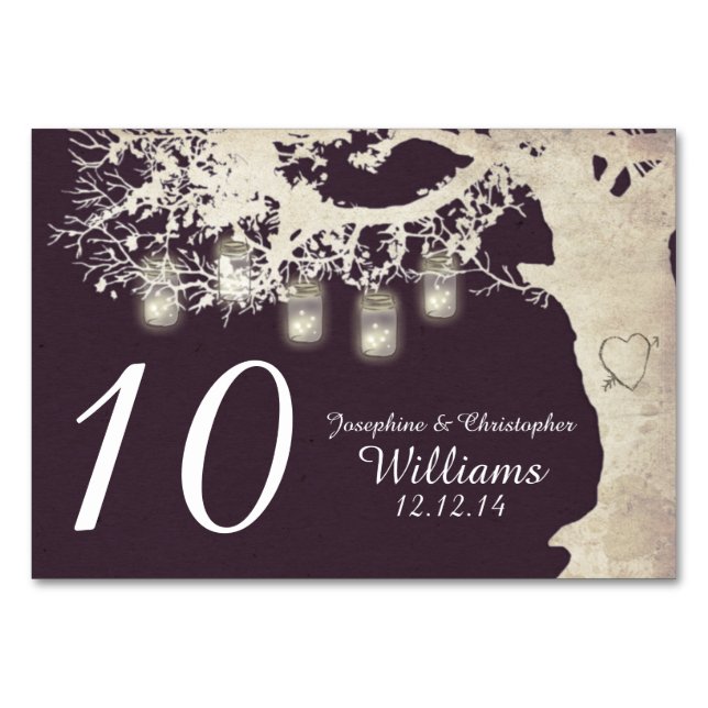 Mason Jar String Lights Tree Plum Table Number (Front)