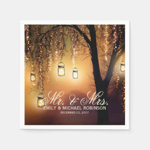 Mason jar string lights tree rustic wedding napkin