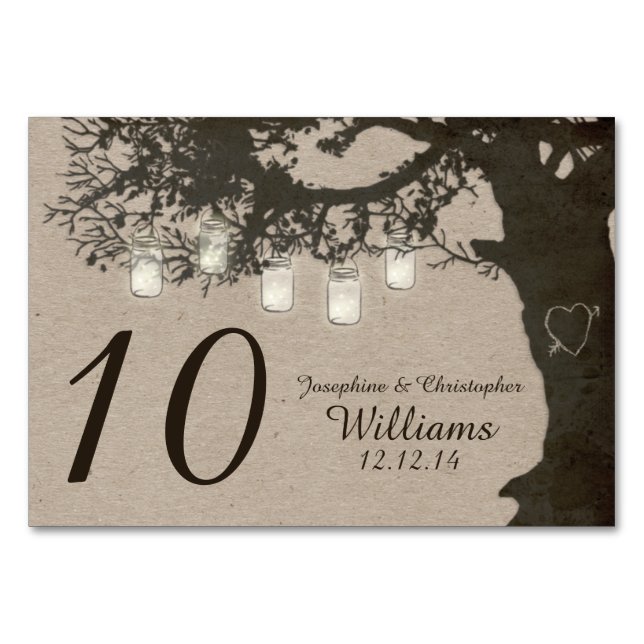 Mason Jar String Lights Tree Vintage Table Number (Front)