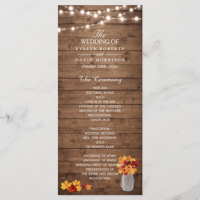 Mason Jar String Lights Wood Fall Wedding Program Programme (Front)
