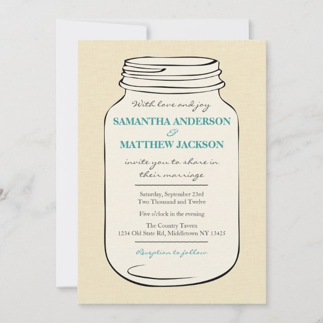 Mason Jar Style 2 Wedding Invitation - Teal (Front)