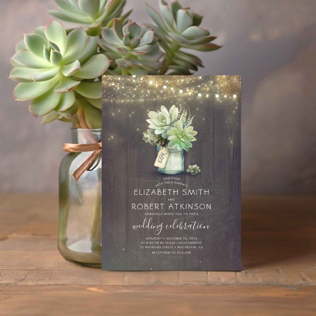Mason Jar Succulent Bouquet Rustic Country Wedding Invitation (Succulents Mason Jar Vase Cute Rustic Country Wedding Invitation)