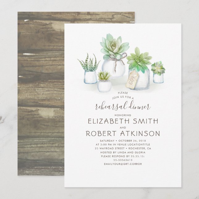 Mason Jar Succulents Rustic Rehearsal Dinner Invitation (Front/Back)