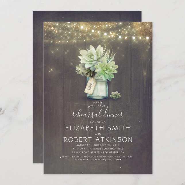 Mason Jar Succulents Rustic Rehearsal Dinner Invitation (Front/Back)
