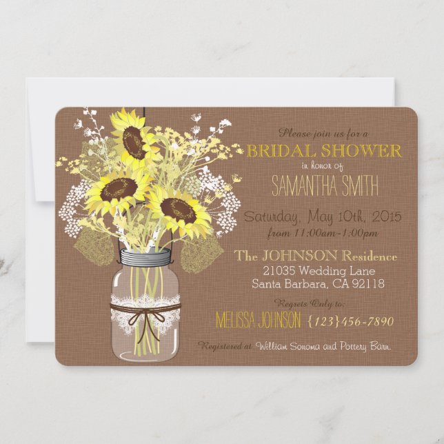 Mason Jar Sunflower Burlap Rustic Bridal Shower Invitation (Front)