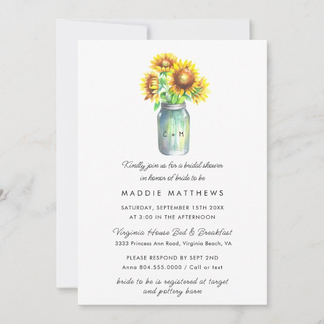 Mason Jar | Sunflower Country Rustic Bridal Shower Invitation (Front)