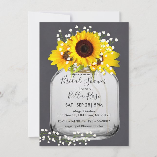 Mason jar sunflower Fall bridal shower invitations (Front)