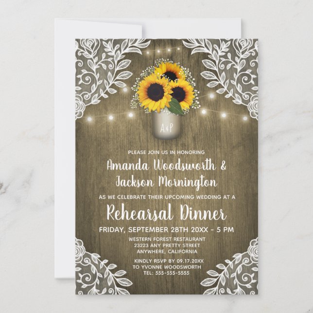 Mason Jar Sunflower Rehearsal Dinner Invitations (Front)