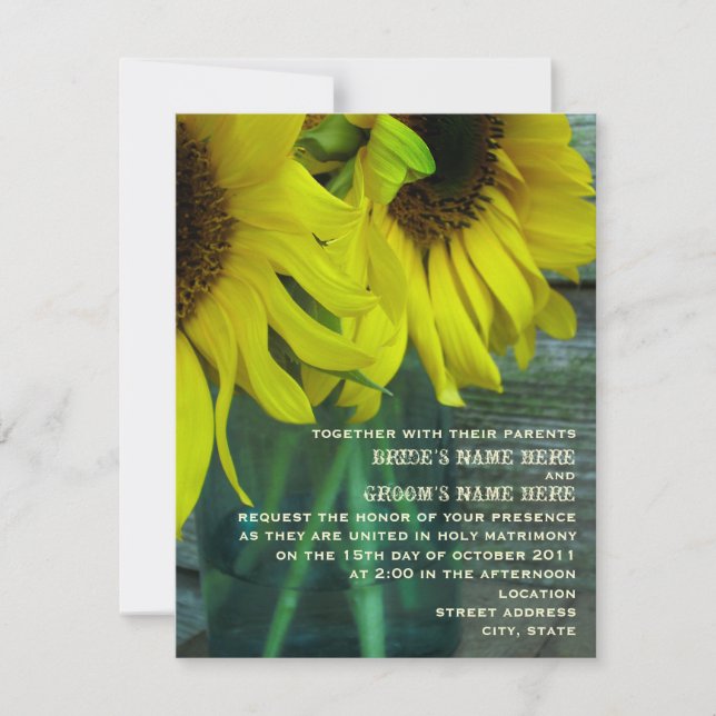 Mason Jar Sunflowers & Barnwood Fall Wedding Invitation (Front)