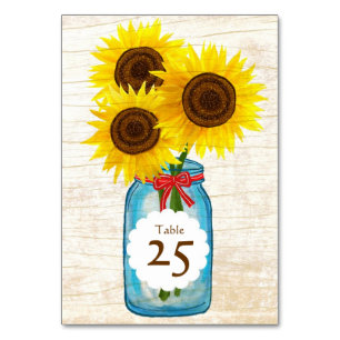 Mason Jar & Sunflowers Rustic Country Wedding Table Number
