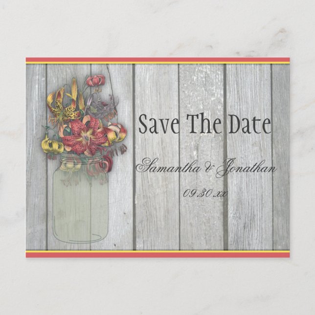 Mason Jar Tiger Lilies Barn Wood Save The Date Announcement Postcard (Front)