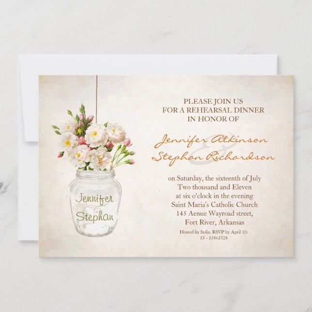 mason jar victorian flower rehearsal dinner invite (Front)