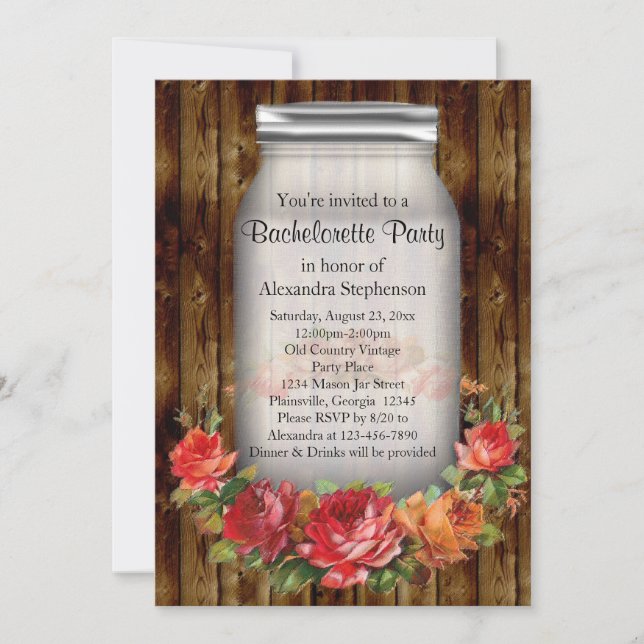 Mason Jar Vintage Country Bachelorette Party Invitation (Front)