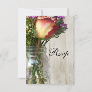 Mason Jar w/Rose and Wildflowers RSVP Card