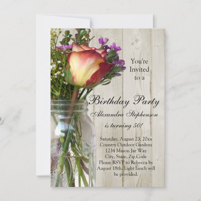 Mason Jar w/Rose/Wildflowers Birthday Party Invitation (Front)
