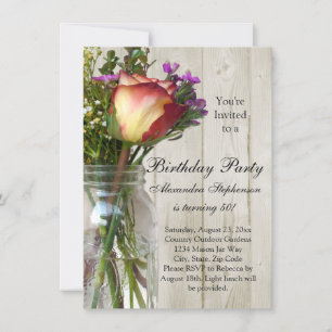 Mason Jar w/Rose/Wildflowers Birthday Party Invitation