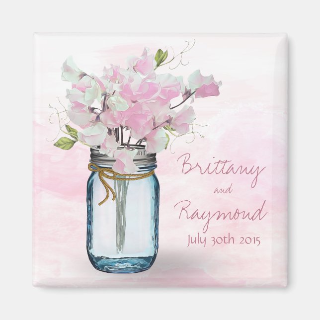 MASON JAR WATERCOLOR PINK SWEET PEAS MAGNET (Front)