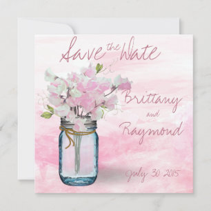 MASON JAR WATERCOLOR PINK SWEET PEAS SAVE THE DATE