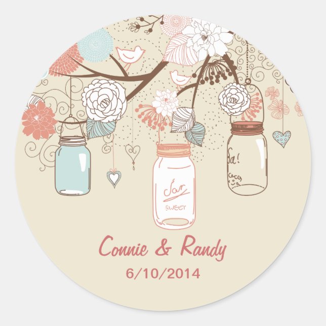 Mason Jar Wedding Sticker Blue Rust Country (Front)