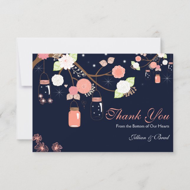 Mason Jar Wedding Thank You Card- Coral and Blue (Front)