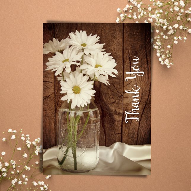 Mason Jar White Daisies Barn Wedding Thank You Card (Creator Uploaded)