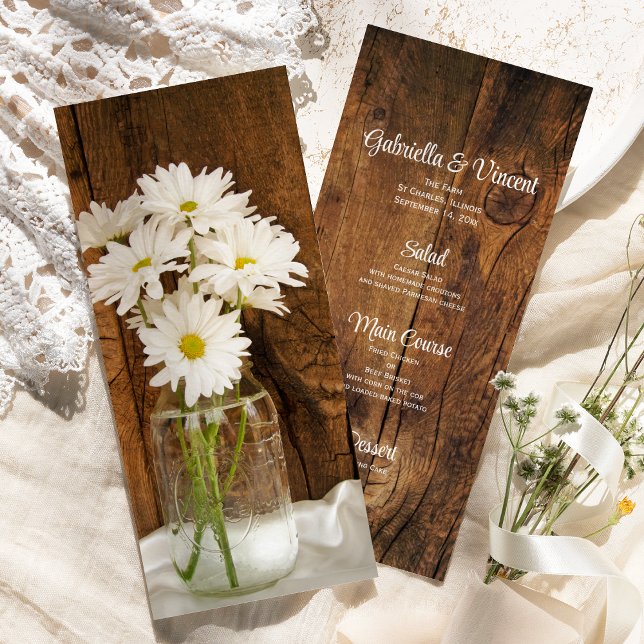 Mason Jar White Daisies Country Barn Wedding Menu (Creator Uploaded)