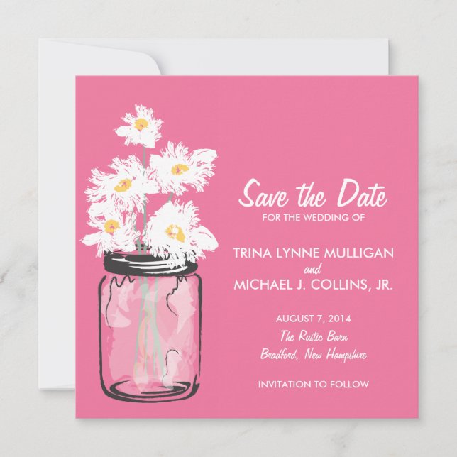 Mason Jar & White Daisies Save the Date (Front)