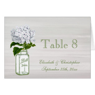 Mason Jar & White Hydrangea Wedding Table Number