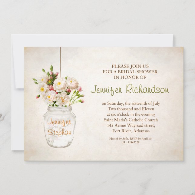 mason jar & white roses bridal shower invitation (Front)