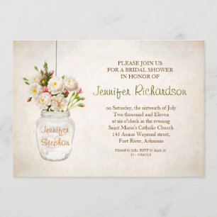 mason jar & white roses bridal shower invitation
