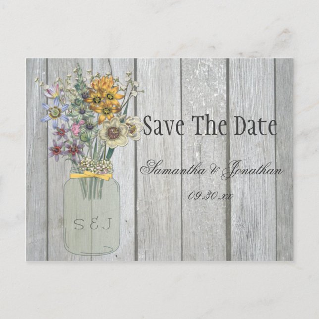 Mason Jar Wildflowers Barn Wood Save The Date Announcement Postcard (Front)