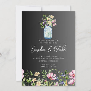 Mason Jar Wildflowers Rustic Country Black Wedding Invitation