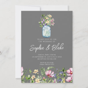 Mason Jar Wildflowers Rustic Country Grey Wedding Invitation