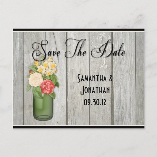 Mason Jar Wildflowers Wooden Boards Save The Date Announcement Postcard (Front)